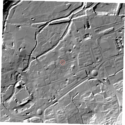 Shaded relief map of the ground around SG141BA, computed from Environment Agency LiDAR. The ground here sits at about 39 m above sea level and falls 27 m across the surrounding 800 m. Surface water reaching this point runs off ground lying to the east-south-east, 3.0 m higher.