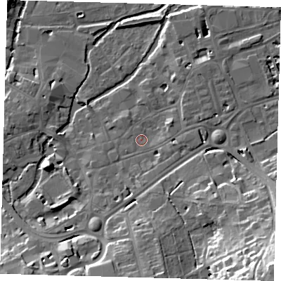 Shaded relief map of the ground around SG141BD, computed from Environment Agency LiDAR. The ground here sits at about 40 m above sea level and falls 31 m across the surrounding 800 m. Surface water reaching this point runs off ground lying to the east-north-east, 2.9 m higher.