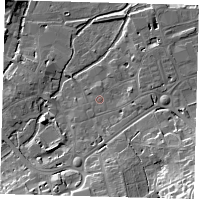 Shaded relief map of the ground around SG141BG, computed from Environment Agency LiDAR. The ground here sits at about 40 m above sea level and falls 30 m across the surrounding 800 m. Surface water reaching this point runs off ground lying to the south, 0.7 m higher.