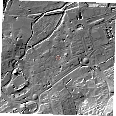 Shaded relief map of the ground around SG141BJ, computed from Environment Agency LiDAR. The ground here sits at about 39 m above sea level and falls 31 m across the surrounding 800 m. Surface water reaching this point runs off ground lying to the east-north-east, 2.9 m higher.