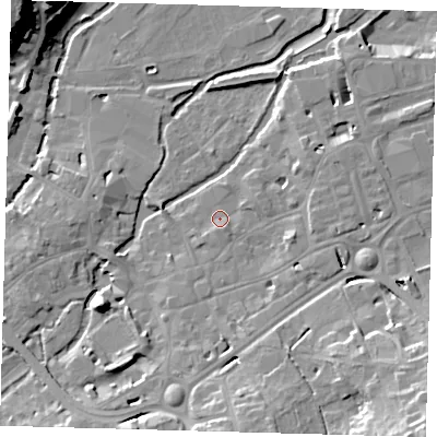 Shaded relief map of the ground around SG141BN, computed from Environment Agency LiDAR. The ground here sits at about 39 m above sea level and falls 30 m across the surrounding 800 m. Surface water reaching this point runs off ground lying to the east-south-east, 3.4 m higher.