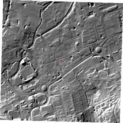 Shaded relief map of the ground around SG141BY, computed from Environment Agency LiDAR. The ground here sits at about 40 m above sea level and falls 31 m across the surrounding 800 m. Surface water reaching this point runs off ground lying to the south, 3.1 m higher.