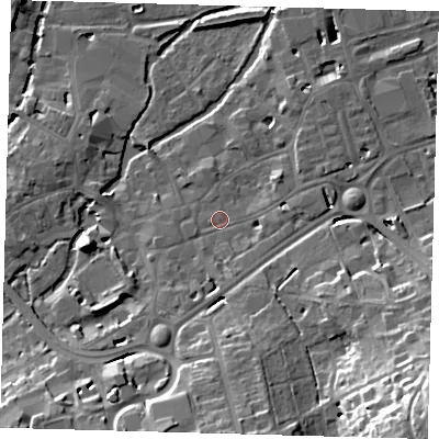 Shaded relief map of the ground around SG141DJ, computed from Environment Agency LiDAR. The ground here sits at about 40 m above sea level and falls 31 m across the surrounding 800 m. Surface water reaching this point runs off ground lying to the south, 3.1 m higher.