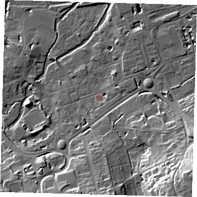 Shaded relief map of the ground around SG141DL, computed from Environment Agency LiDAR. The ground here sits at about 40 m above sea level and falls 31 m across the surrounding 800 m. Surface water reaching this point runs off ground lying to the east-north-east, 2.8 m higher.