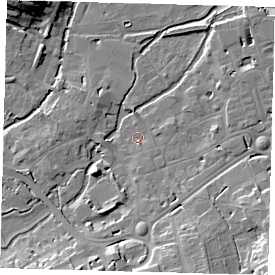 Shaded relief map of the ground around SG141DR, computed from Environment Agency LiDAR. The ground here sits at about 38 m above sea level and falls 23 m across the surrounding 800 m. Surface water reaching this point runs off ground lying to the south, 2.4 m higher.