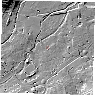 Shaded relief map of the ground around SG141DT, computed from Environment Agency LiDAR. The ground here sits at about 39 m above sea level and falls 28 m across the surrounding 800 m. Surface water reaching this point runs off ground lying to the south, 3.9 m higher.