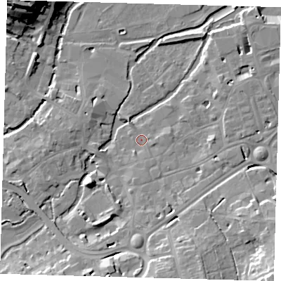 Shaded relief map of the ground around SG141DX, computed from Environment Agency LiDAR. The ground here sits at about 39 m above sea level and falls 28 m across the surrounding 800 m. Surface water reaching this point runs off ground lying to the south, 3.9 m higher.