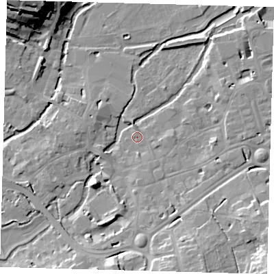 Shaded relief map of the ground around SG141DZ, computed from Environment Agency LiDAR. The ground here sits at about 39 m above sea level and falls 29 m across the surrounding 800 m. Surface water reaching this point runs off ground lying to the south-south-east, 4.0 m higher.