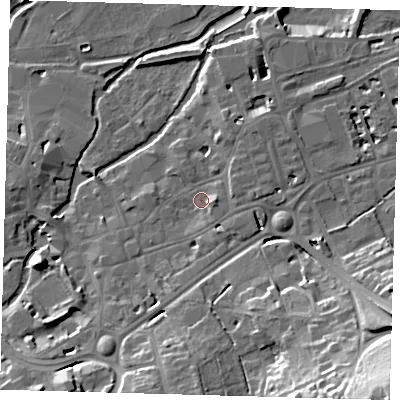 Shaded relief map of the ground around SG141EH, computed from Environment Agency LiDAR. The ground here sits at about 39 m above sea level and falls 31 m across the surrounding 800 m. Surface water reaching this point runs off ground lying to the east, 2.8 m higher.