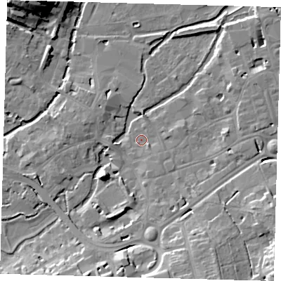Shaded relief map of the ground around SG141FL, computed from Environment Agency LiDAR. The ground here sits at about 38 m above sea level and falls 23 m across the surrounding 800 m. Surface water reaching this point runs off ground lying to the south, 13.6 m higher.