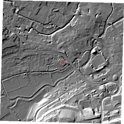 Shaded relief map of the ground around SG141FQ, computed from Environment Agency LiDAR. The ground here sits at about 40 m above sea level and falls 29 m across the surrounding 800 m. Surface water reaching this point runs off ground lying to the east-south-east, 3.6 m higher.