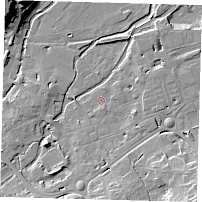 Shaded relief map of the ground around SG141FX, computed from Environment Agency LiDAR. The ground here sits at about 39 m above sea level and falls 30 m across the surrounding 800 m. Surface water reaching this point runs off ground lying to the east-south-east, 3.4 m higher.