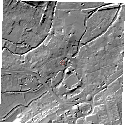 Shaded relief map of the ground around SG141HE, computed from Environment Agency LiDAR. The ground here sits at about 39 m above sea level and falls 17 m across the surrounding 800 m. Surface water reaching this point runs off ground lying to the south, 11.9 m higher.