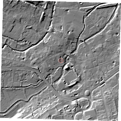 Shaded relief map of the ground around SG141HG, computed from Environment Agency LiDAR. The ground here sits at about 39 m above sea level and falls 18 m across the surrounding 800 m. Surface water reaching this point runs off ground lying to the south, 11.9 m higher.