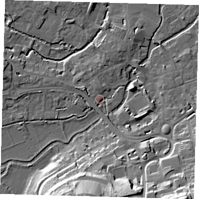 Shaded relief map of the ground around SG141HQ, computed from Environment Agency LiDAR. The ground here sits at about 40 m above sea level and falls 31 m across the surrounding 800 m. Surface water reaching this point runs off ground lying to the south-south-east, 10.4 m higher.
