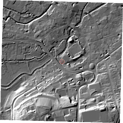 Shaded relief map of the ground around SG141HS, computed from Environment Agency LiDAR. The ground here sits at about 40 m above sea level and falls 31 m across the surrounding 800 m. Surface water reaching this point runs off ground lying to the south-south-east, 9.5 m higher.