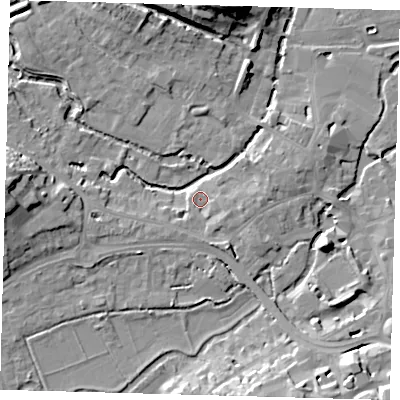 Shaded relief map of the ground around SG141HT, computed from Environment Agency LiDAR. The ground here sits at about 39 m above sea level and falls 16 m across the surrounding 800 m. Surface water reaching this point runs off ground lying to the south-south-east, 4.2 m higher.