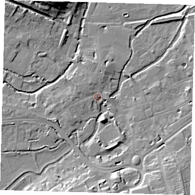 Shaded relief map of the ground around SG141HX, computed from Environment Agency LiDAR. The ground here sits at about 39 m above sea level and falls 18 m across the surrounding 800 m. Surface water reaching this point runs off ground lying to the south, 11.8 m higher.