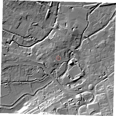 Shaded relief map of the ground around SG141HZ, computed from Environment Agency LiDAR. The ground here sits at about 40 m above sea level and falls 19 m across the surrounding 800 m. Surface water reaching this point runs off ground lying to the south-south-east, 11.9 m higher.