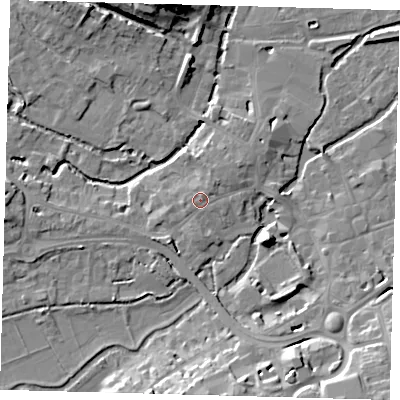 Shaded relief map of the ground around SG141JA, computed from Environment Agency LiDAR. The ground here sits at about 40 m above sea level and falls 16 m across the surrounding 800 m. Surface water reaching this point runs off ground lying to the north-north-east, 0.7 m higher.