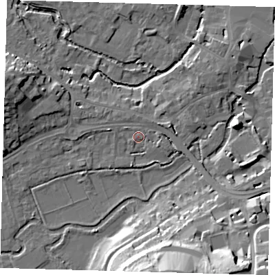 Shaded relief map of the ground around SG141JZ, computed from Environment Agency LiDAR. The ground here sits at about 40 m above sea level and falls 28 m across the surrounding 800 m. Surface water reaching this point runs off ground lying to the east-south-east, 1.0 m higher.
