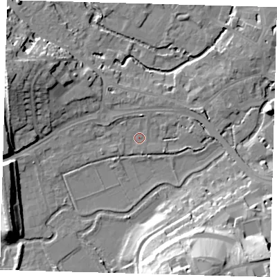 Shaded relief map of the ground around SG141LA, computed from Environment Agency LiDAR. The ground here sits at about 39 m above sea level and falls 30 m across the surrounding 800 m. Surface water reaching this point runs off ground lying to the north, 2.1 m higher.