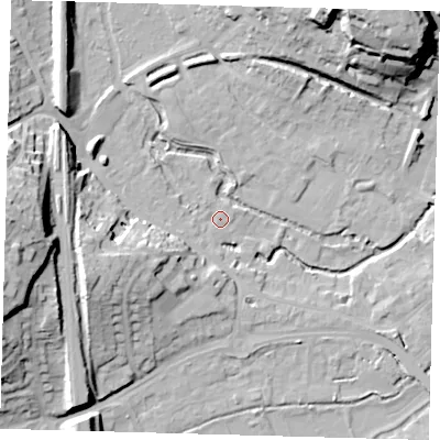 Shaded relief map of the ground around SG141LD, computed from Environment Agency LiDAR. The ground here sits at about 39 m above sea level and falls 30 m across the surrounding 800 m. Surface water reaching this point runs off ground lying to the west-south-west, 15.1 m higher.