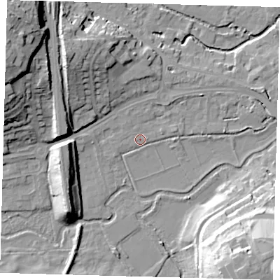 Shaded relief map of the ground around SG141LE, computed from Environment Agency LiDAR. The ground here sits at about 39 m above sea level and falls 31 m across the surrounding 800 m. Surface water reaching this point runs off ground lying to the west-north-west, 25.0 m higher.