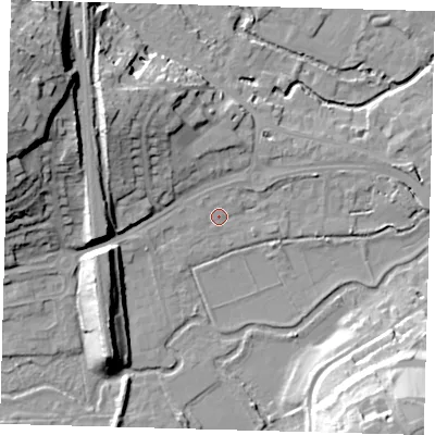 Shaded relief map of the ground around SG141LF, computed from Environment Agency LiDAR. The ground here sits at about 39 m above sea level and falls 30 m across the surrounding 800 m. Surface water reaching this point runs off ground lying to the north-north-east, 1.8 m higher.