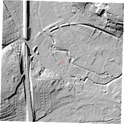 Shaded relief map of the ground around SG141LJ, computed from Environment Agency LiDAR. The ground here sits at about 39 m above sea level and falls 31 m across the surrounding 800 m. Surface water reaching this point runs off ground lying to the south-west, 15.1 m higher.