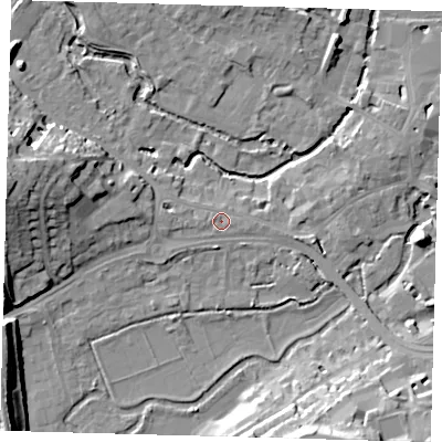Shaded relief map of the ground around SG141LN, computed from Environment Agency LiDAR. The ground here sits at about 40 m above sea level and falls 19 m across the surrounding 800 m. Surface water reaching this point runs off ground lying to the west, 2.2 m higher.