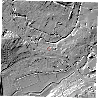 Shaded relief map of the ground around SG141LR, computed from Environment Agency LiDAR. The ground here sits at about 39 m above sea level and falls 16 m across the surrounding 800 m. Surface water reaching this point runs off ground lying to the west, 2.7 m higher.