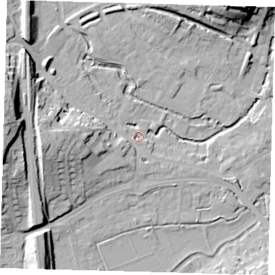 Shaded relief map of the ground around SG141LS, computed from Environment Agency LiDAR. The ground here sits at about 39 m above sea level and falls 26 m across the surrounding 800 m. Surface water reaching this point runs off ground lying to the west-south-west, 6.5 m higher.