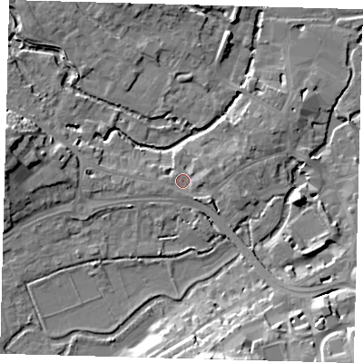 Shaded relief map of the ground around SG141LT, computed from Environment Agency LiDAR. The ground here sits at about 39 m above sea level and falls 18 m across the surrounding 800 m. Surface water reaching this point runs off ground lying to the south-east, 4.2 m higher.