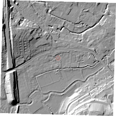 Shaded relief map of the ground around SG141LW, computed from Environment Agency LiDAR. The ground here sits at about 39 m above sea level and falls 29 m across the surrounding 800 m. Surface water reaching this point runs off ground lying to the north-north-west, 1.6 m higher.