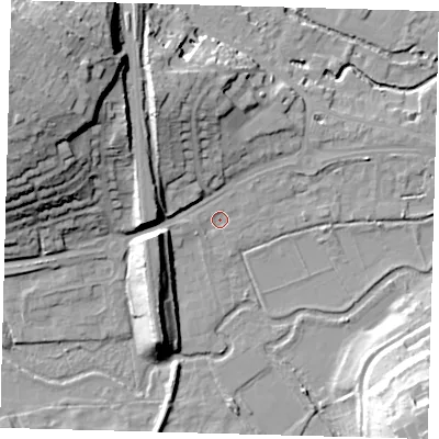 Shaded relief map of the ground around SG141NL, computed from Environment Agency LiDAR. The ground here sits at about 39 m above sea level and falls 31 m across the surrounding 800 m. Surface water reaching this point runs off ground lying to the west-north-west, 27.5 m higher.