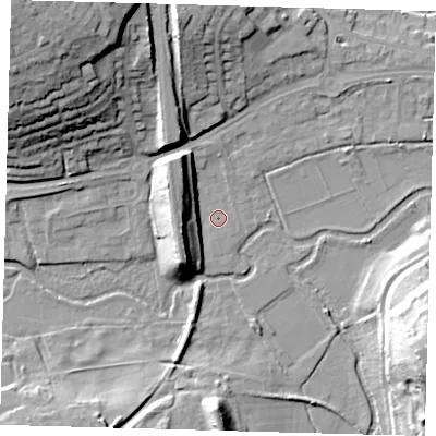 Shaded relief map of the ground around SG141NN, computed from Environment Agency LiDAR. The ground here sits at about 39 m above sea level and falls 32 m across the surrounding 800 m. Surface water reaching this point runs off ground lying to the west-south-west, 12.4 m higher.