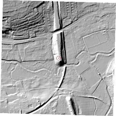 Shaded relief map of the ground around SG141NS, computed from Environment Agency LiDAR. The ground here sits at about 48 m above sea level and falls 31 m across the surrounding 800 m. Surface water reaching this point runs off ground lying to the east-south-east, 10.9 m higher.