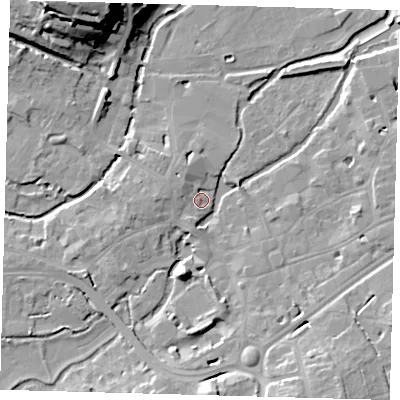 Shaded relief map of the ground around SG141NX, computed from Environment Agency LiDAR. The ground here sits at about 39 m above sea level and falls 30 m across the surrounding 800 m. Surface water reaching this point runs off ground lying to the south, 11.3 m higher.