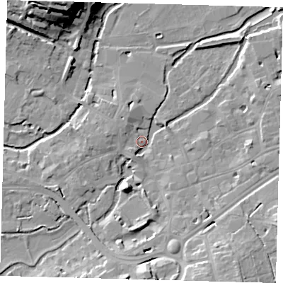 Shaded relief map of the ground around SG141NY, computed from Environment Agency LiDAR. The ground here sits at about 39 m above sea level and falls 28 m across the surrounding 800 m. Surface water reaching this point runs off ground lying to the south-south-east, 12.0 m higher.