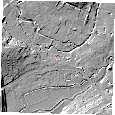 Shaded relief map of the ground around SG141NZ, computed from Environment Agency LiDAR. The ground here sits at about 39 m above sea level and falls 18 m across the surrounding 800 m. Surface water reaching this point runs off ground lying to the south-south-east, 1.7 m higher.