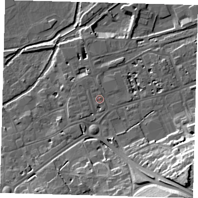 Shaded relief map of the ground around SG141PB, computed from Environment Agency LiDAR. The ground here sits at about 42 m above sea level and falls 31 m across the surrounding 800 m. Surface water reaching this point runs off ground lying to the north-north-west, 1.0 m higher.