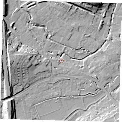 Shaded relief map of the ground around SG141PD, computed from Environment Agency LiDAR. The ground here sits at about 38 m above sea level and falls 19 m across the surrounding 800 m. Surface water reaching this point runs off ground lying to the south-west, 2.9 m higher.