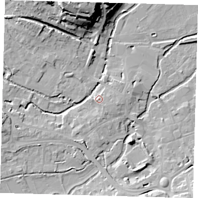 Shaded relief map of the ground around SG141PH, computed from Environment Agency LiDAR. The ground here sits at about 40 m above sea level and falls 30 m across the surrounding 800 m. Surface water reaching this point runs off ground lying to the south-east, 2.6 m higher.