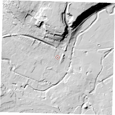 Shaded relief map of the ground around SG141PJ, computed from Environment Agency LiDAR. The ground here sits at about 39 m above sea level and falls 35 m across the surrounding 800 m. Surface water reaching this point runs off ground lying to the north, 28.6 m higher.