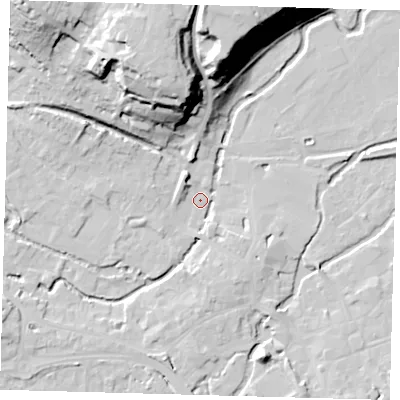 Shaded relief map of the ground around SG141PL, computed from Environment Agency LiDAR. The ground here sits at about 37 m above sea level and falls 33 m across the surrounding 800 m. Surface water reaching this point runs off ground lying to the north-north-west, 30.5 m higher.