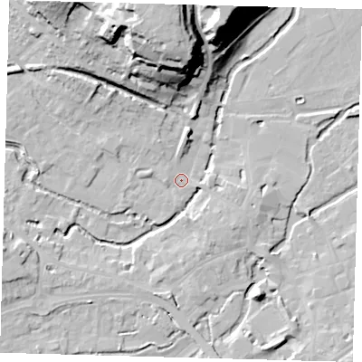Shaded relief map of the ground around SG141PN, computed from Environment Agency LiDAR. The ground here sits at about 38 m above sea level and falls 32 m across the surrounding 800 m. Surface water reaching this point runs off ground lying to the north, 29.0 m higher.