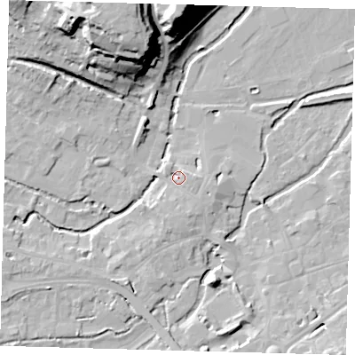 Shaded relief map of the ground around SG141PQ, computed from Environment Agency LiDAR. The ground here sits at about 39 m above sea level and falls 31 m across the surrounding 800 m. Surface water reaching this point runs off ground lying to the south-south-east, 2.2 m higher.