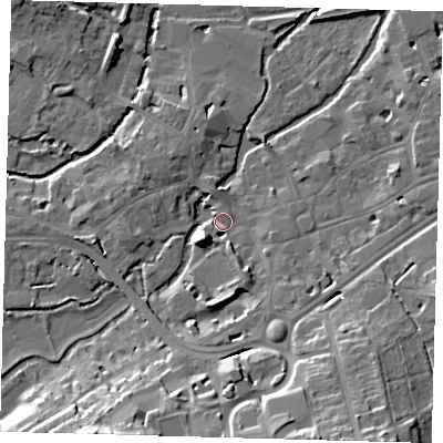 Shaded relief map of the ground around SG141PS, computed from Environment Agency LiDAR. The ground here sits at about 39 m above sea level and falls 19 m across the surrounding 800 m. Surface water reaching this point runs off ground lying to the south-south-east, 17.9 m higher.