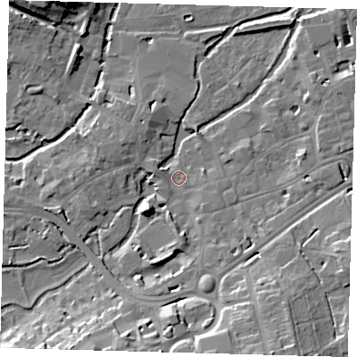 Shaded relief map of the ground around SG141PX, computed from Environment Agency LiDAR. The ground here sits at about 39 m above sea level and falls 16 m across the surrounding 800 m. Surface water reaching this point runs off ground lying to the south-south-east, 14.6 m higher.
